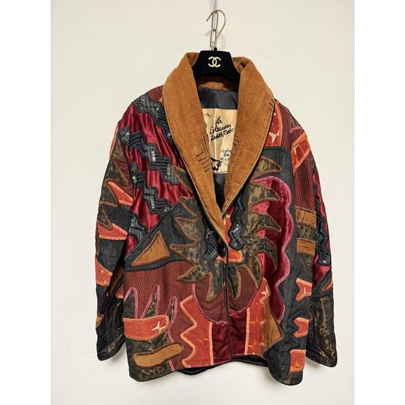 La Coleccion Judith Roberts Jacket Womens Medium Red Black Patchwork Beaded Boho - Picture 2 of 15